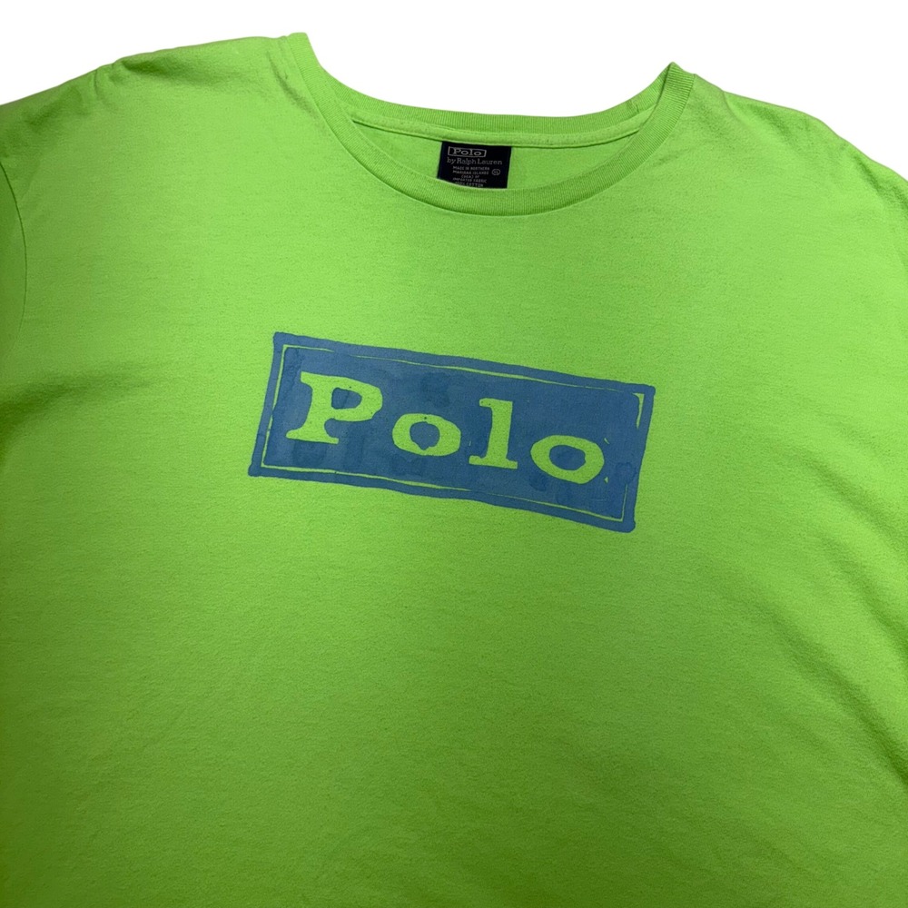 Vintage Polo Ralph Lauren Men XL Lime Green Blue Box Logo Graphic T-Shirt Cotton